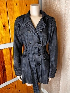 SMART SET Retro Black Houndstooth Belted Button-up Short Trench Coat - Sz Large